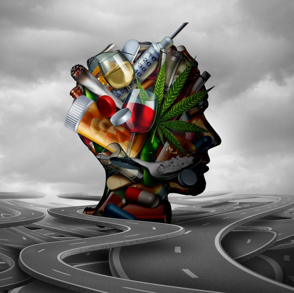 Image of a head showing alcohol, marijuana, and prescription drugs surrounded by roads indicating all these items contribute to driving under the influence.